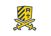 A yellow and blue shield with diagonal stripes, a letter R, and a cross above two crossed swords. Description generated by AI