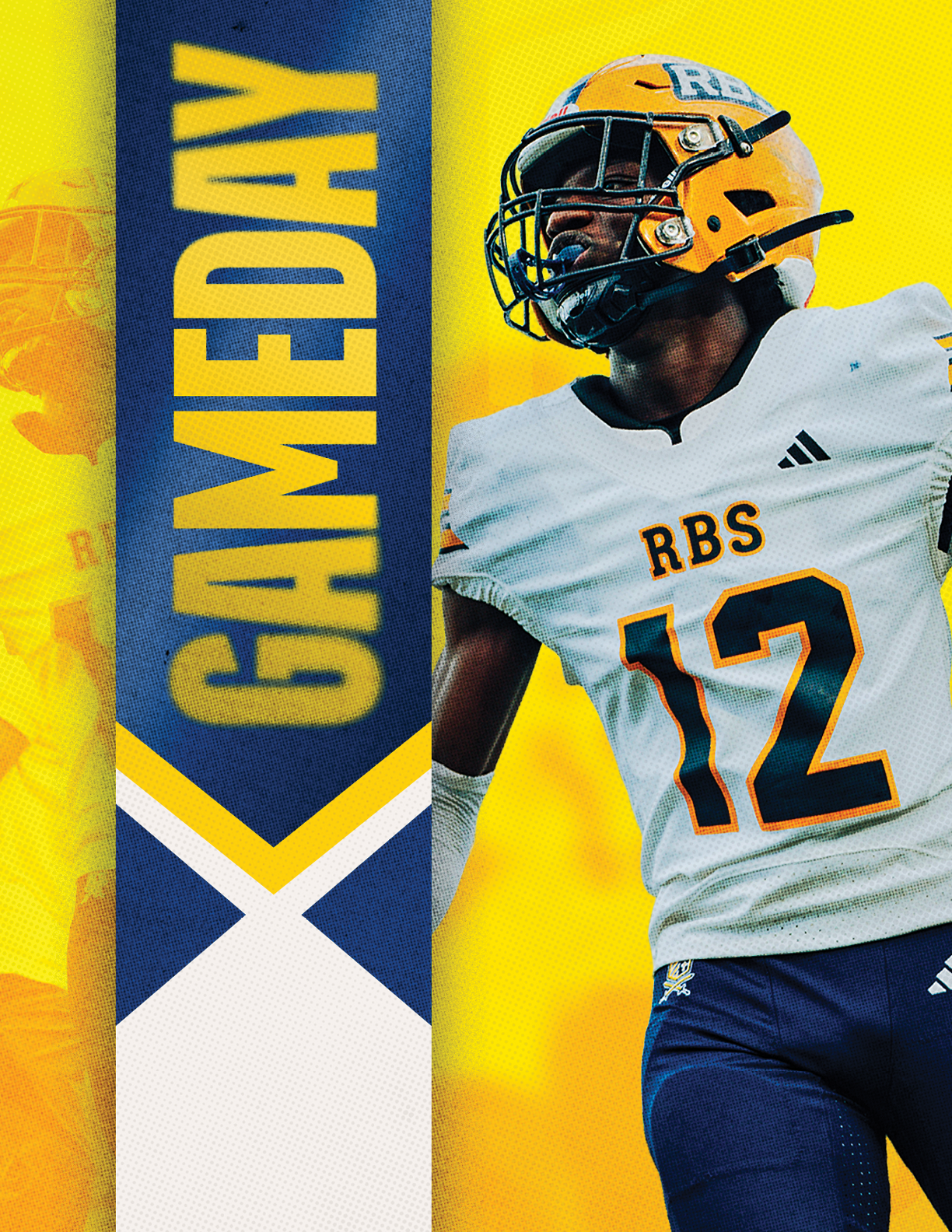 A person wearing a yellow helmet and white football jersey with the number 12 and the letters RBS stands next to a vertical banner with the word GAMEDAY on a yellow and blue background. Description generated by AI