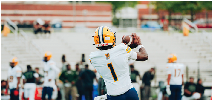 A person wearing a white football jersey with the number one and a yellow helmet is preparing to throw a football on a field with blurred people and bleachers in the background. Description generated by AI