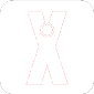 A stylized figure with arms raised forming an X shape and a circular head inside the upper part of the X on a white rounded square background. Description generated by AI