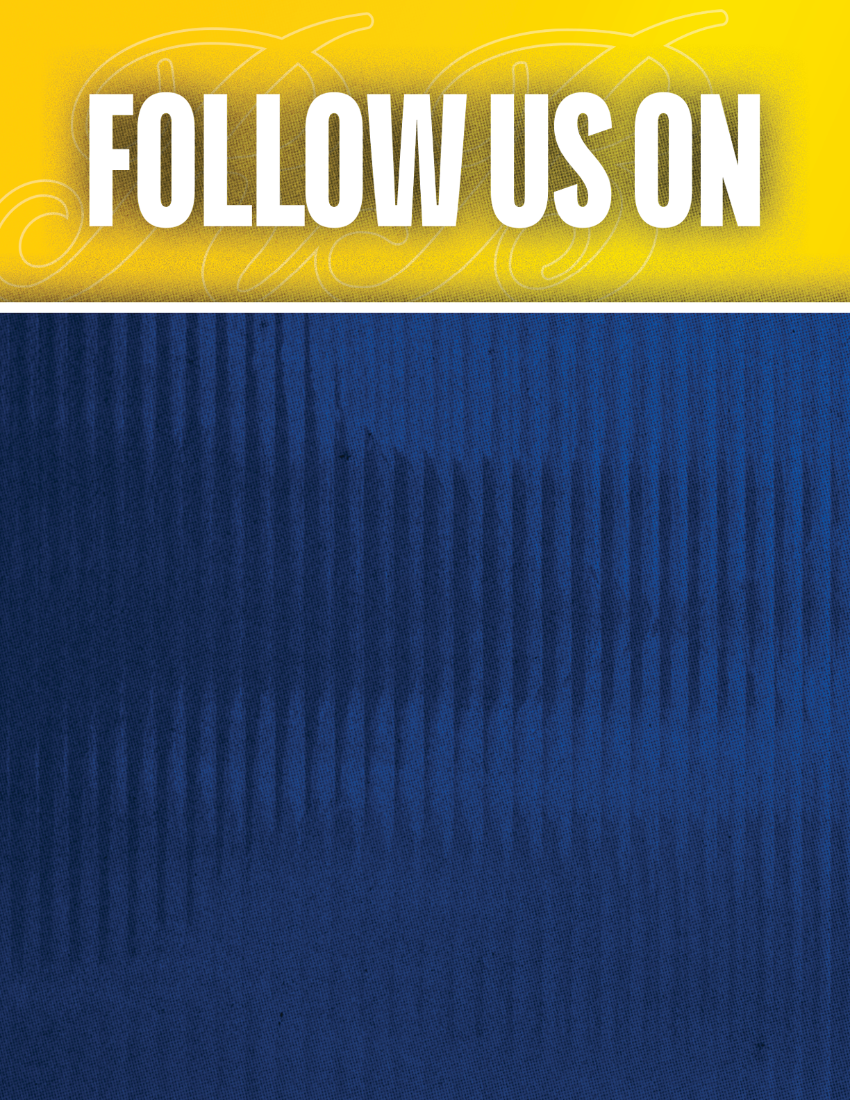 Follow us on social media with icons for Facebook, Twitter, Instagram, and YouTube displayed on a yellow and blue background. Description generated by AI
