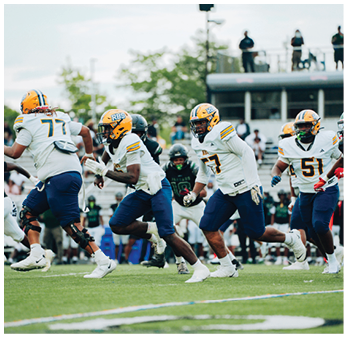 Four people in football uniforms and helmets are running on a grassy field during a game. Description generated by AI
