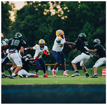 People wearing football uniforms are actively engaged in a play on a grassy field with trees in the background. Description generated by AI