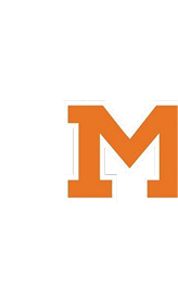 A large orange letter M with a white and black outline on a black background. Description generated by AI