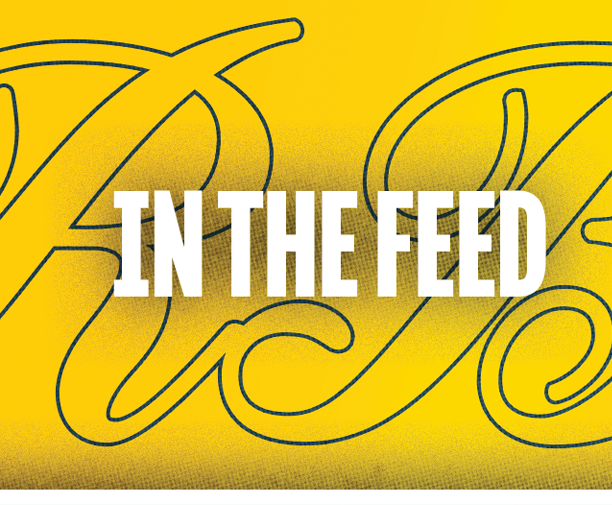 The text “IN THE FEED" is displayed in bold white letters over a yellow background with a large, faint, cursive script in the background. Description generated by AI