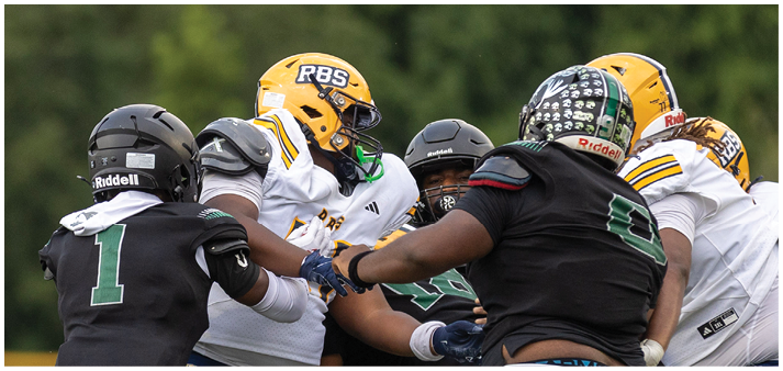 People wearing football helmets and uniforms are engaged in a close physical play on a grassy field. Description generated by AI