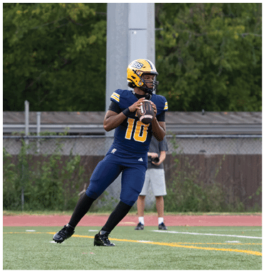 A person wearing a yellow football helmet and navy blue jersey is holding a football and appears to be preparing to throw it on a field with trees in the background. Description generated by AI