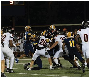 Several people in football uniforms are engaged in a tackle on a well-lit field during a nighttime game. Description generated by AI