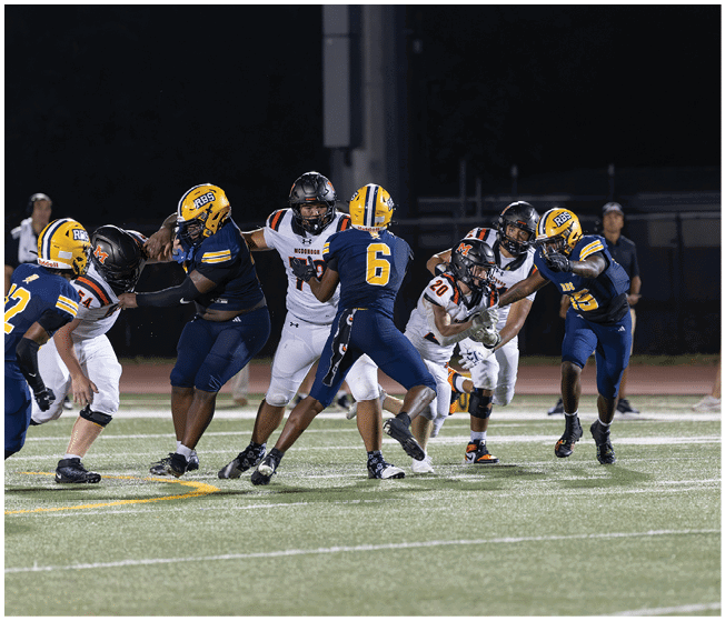 People in football uniforms are actively engaged in a nighttime game on a field with artificial turf. Description generated by AI