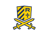 A yellow and blue shield with diagonal stripes, a letter R, and a cross above two crossed swords. Description generated by AI
