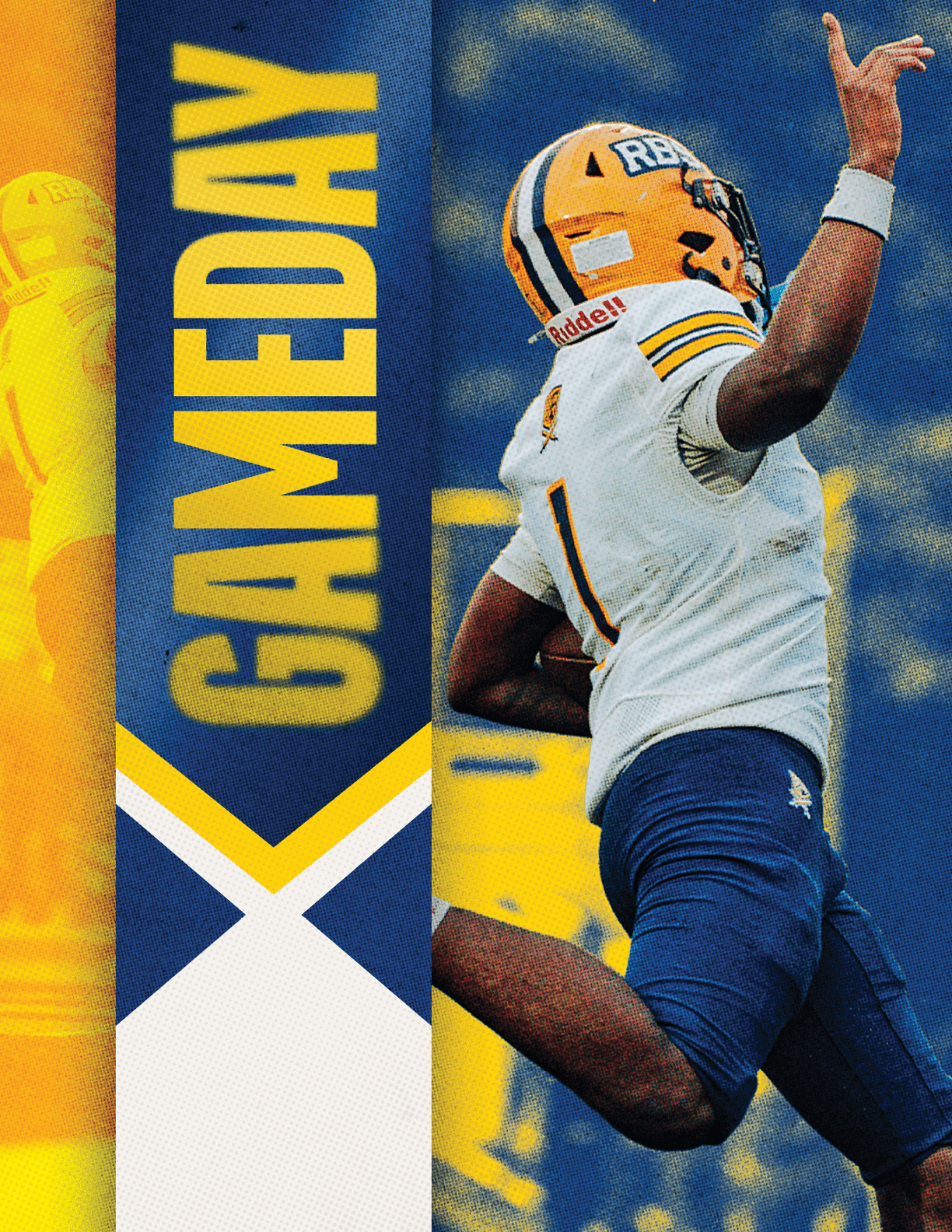 A person wearing a football uniform and helmet is jumping with one arm raised next to a vertical banner that says “GAMEDAY" in bold yellow letters on a blue and white background. Description generated by AI