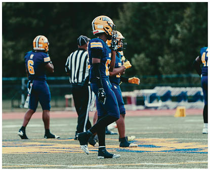 Several people in football uniforms and helmets stand on a field with a referee in a striped shirt nearby. Description generated by AI
