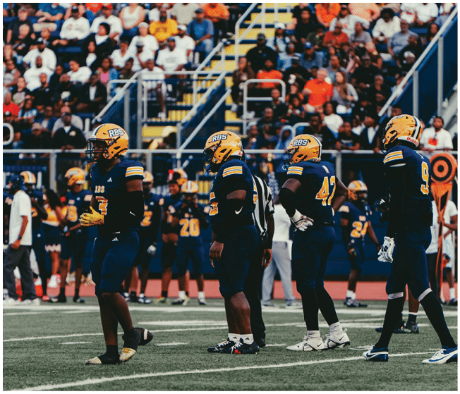 Four people in football uniforms and helmets stand on a field with a crowd in the background during a game. Description generated by AI