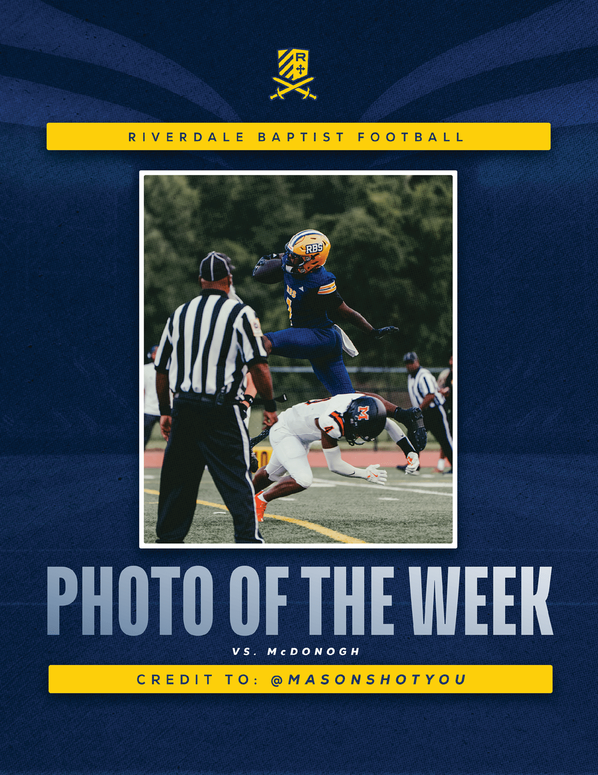 A person in a blue and yellow football uniform jumps over a person in a white and red uniform on a football field while a referee watches nearby. Description generated by AI
