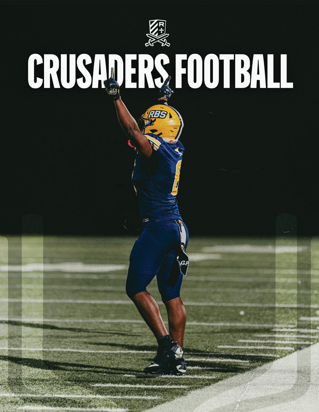 A person in a blue and yellow football uniform stands on a field with arms raised under the text “CRUSADERS FOOTBALL." Description generated by AI