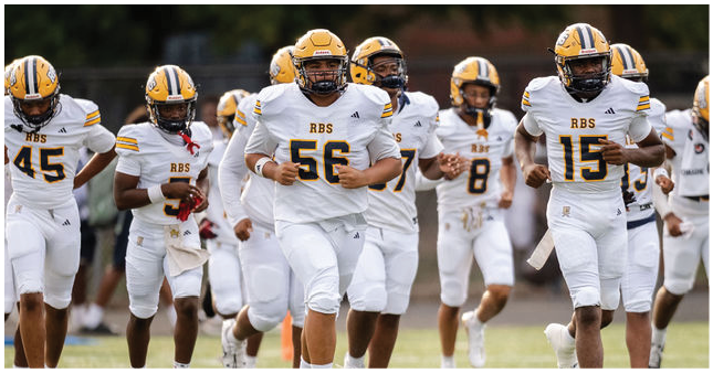 A group of people wearing white football uniforms with yellow helmets are running together on a field. Description generated by AI