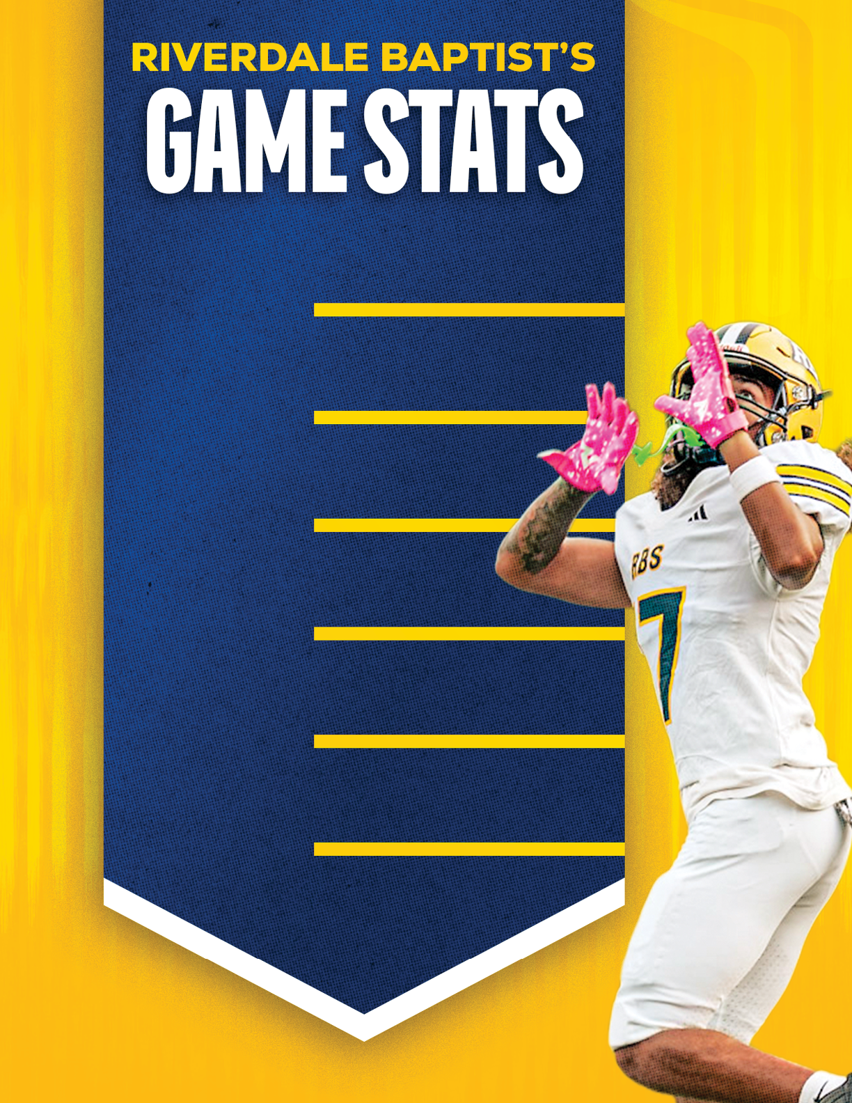 A person in a white football uniform with pink gloves is preparing to catch a football next to a blue and yellow banner that reads Riverdale Baptist's Game Stats. Description generated by AI