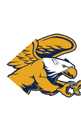 A stylized golden griffin with large wings and a white head is depicted in a dynamic flying pose. Description generated by AI