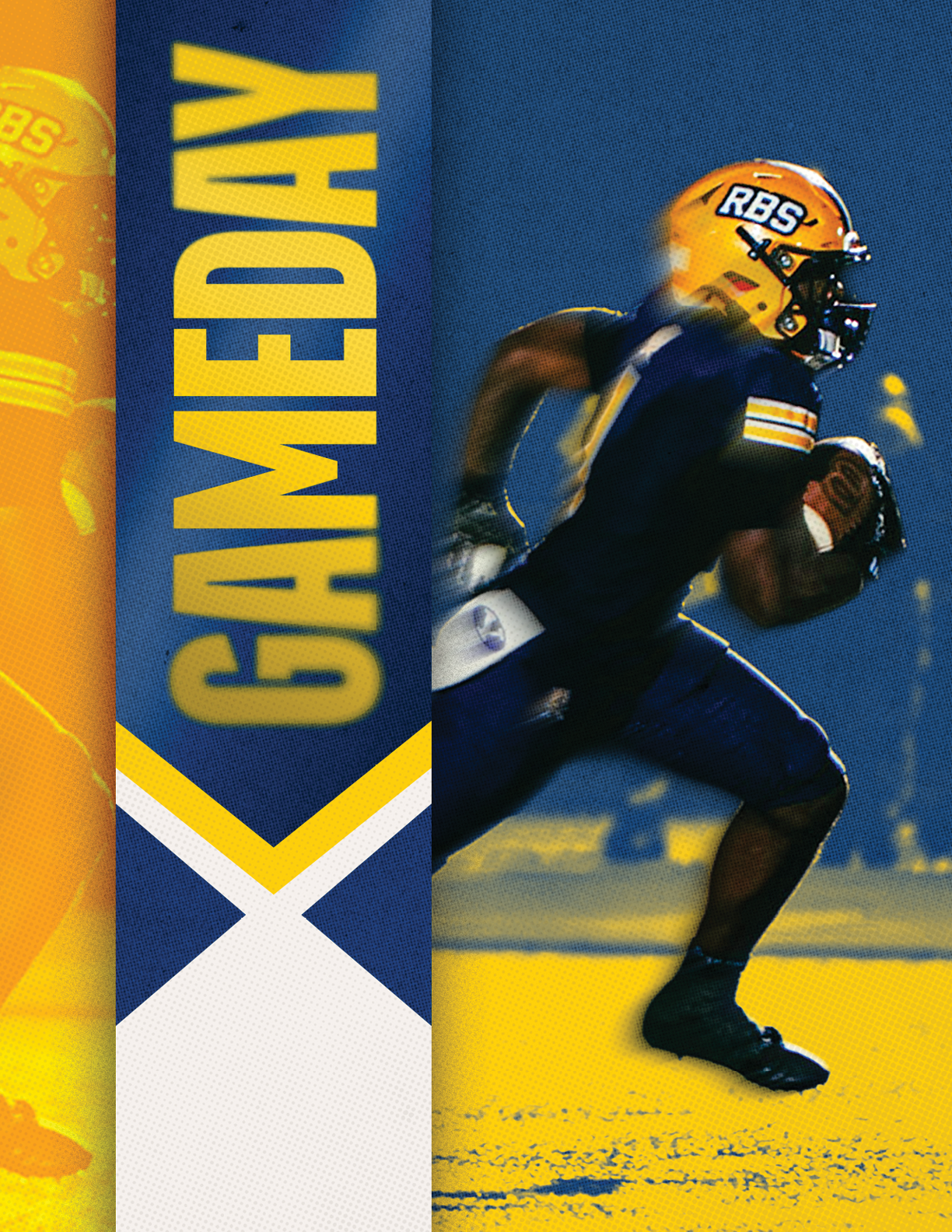 A person in a yellow helmet and dark sports uniform is running with a football on a field with a blue and yellow background that includes the word GAMEDAY. Description generated by AI