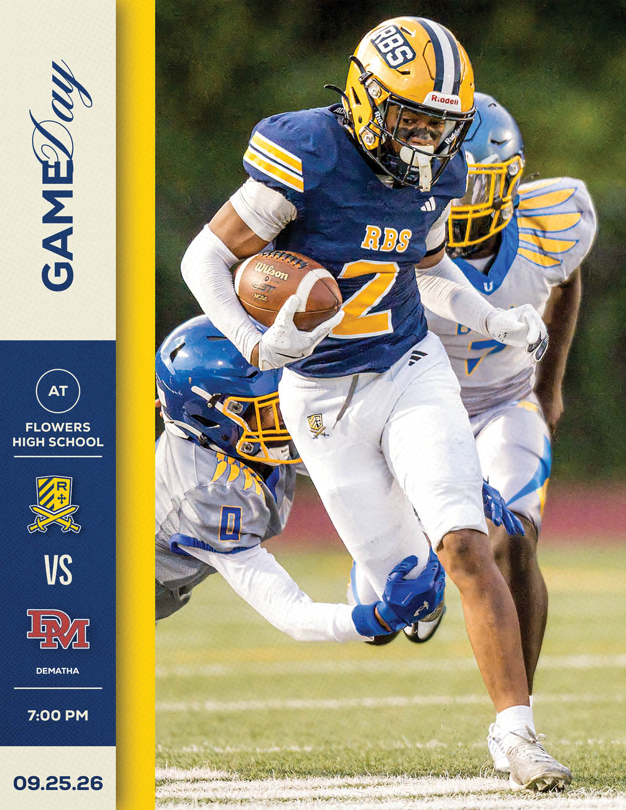 A person in a blue and yellow football uniform with the number 2 is running with the ball while two opposing players in gray and blue uniforms attempt to tackle them on a football field. Description generated by AI