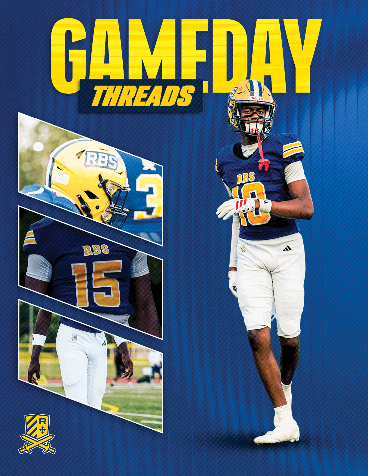 A person wearing a blue and yellow football uniform with the number 18 stands next to three angled panels showing close-ups of another person in a similar uniform with the number 15, all set against a blue background with the text “GAMEDAY THREADS" in bold yellow letters at the top. Description generated by AI