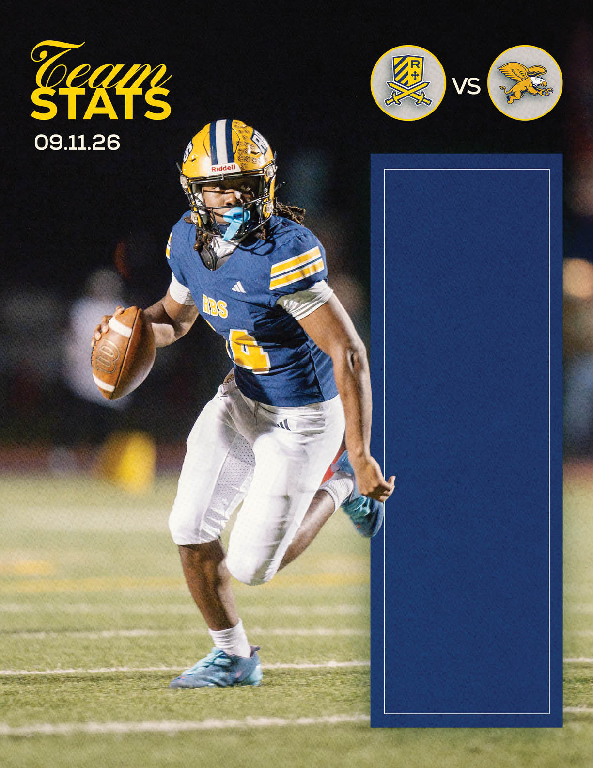 A sports-themed graphic titled “Team Stats" with two team logos facing each other and a large blue rectangular area likely meant for displaying statistics. Description generated by AI