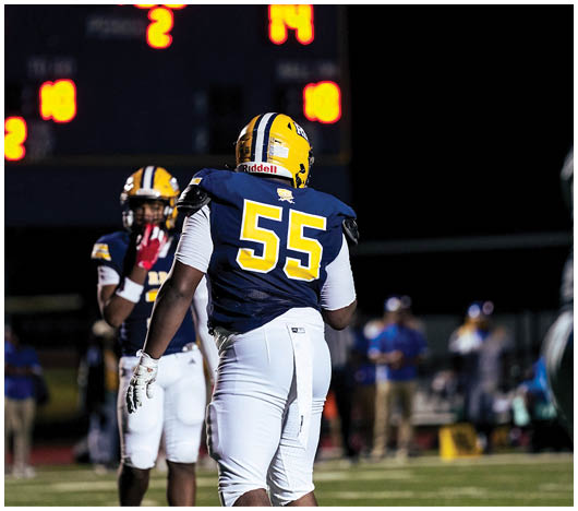 Two people in football uniforms stand on a field with one facing away wearing number 55 and the other facing forward with a hand near their face. Description generated by AI