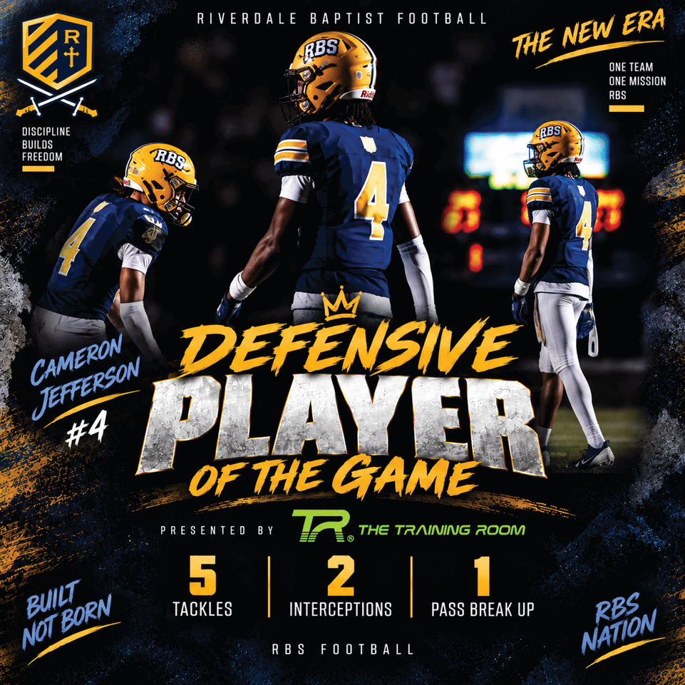 Three football players in blue and yellow uniforms with the number 4 are shown on a dark field with text highlighting Cameron Jefferson as the defensive player of the game for Riverdale Baptist Football. Description generated by AI