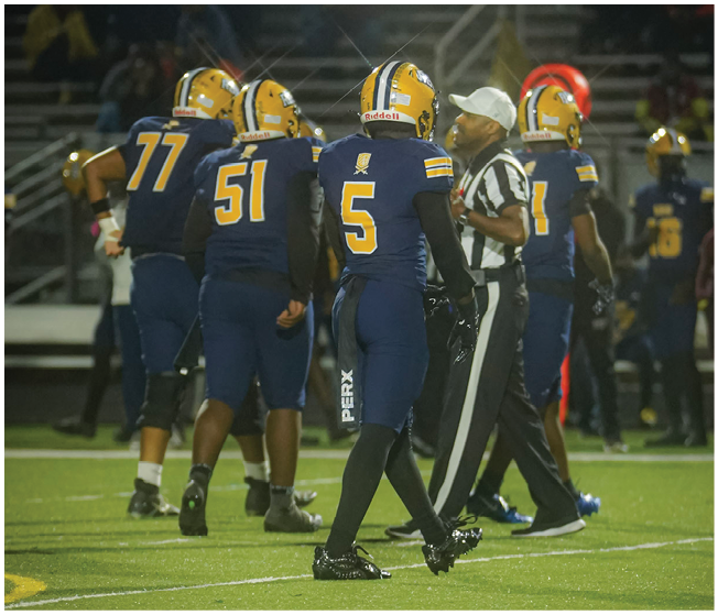 People wearing yellow helmets are gathered on a sports field with blurred spectators in the background. Description generated by AI