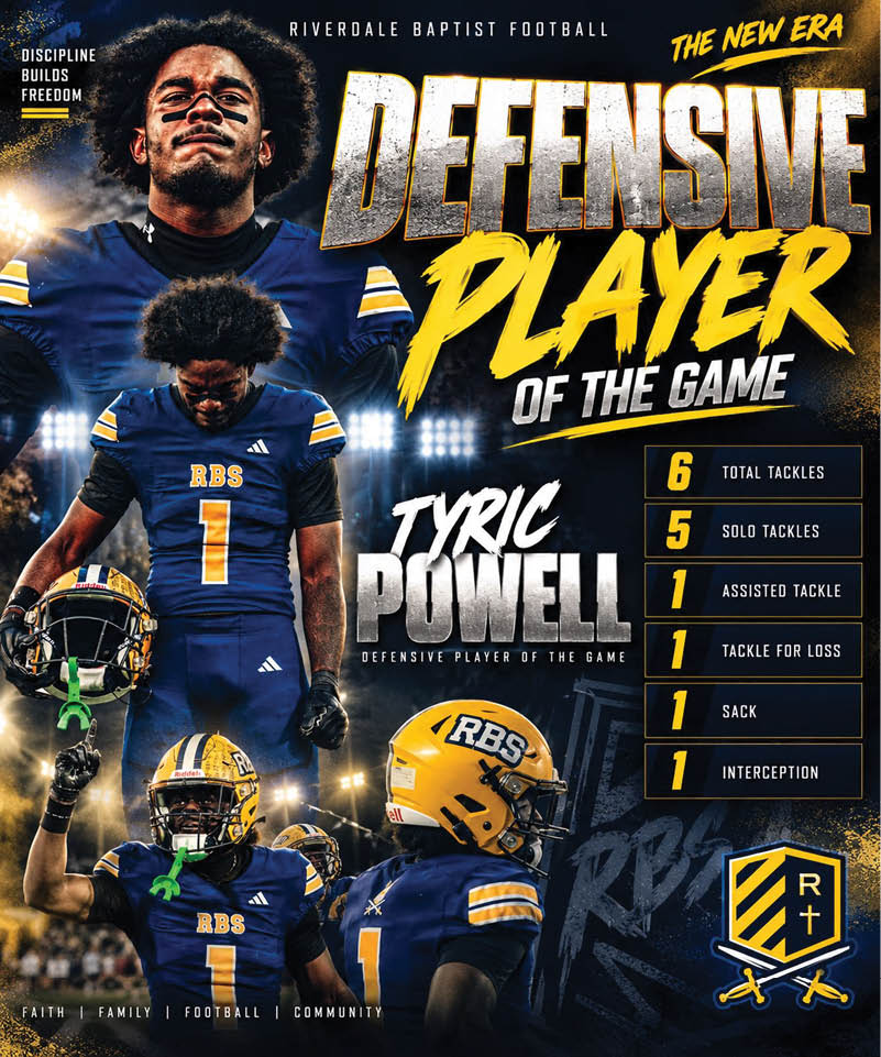 A sports graphic celebrates a football player named Tyric Powell as the defensive player of the game for Riverdale Baptist Football, highlighting his key defensive stats and featuring multiple action shots of him in uniform. Description generated by AI