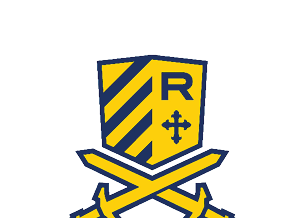 A yellow and blue shield with diagonal stripes, a letter R, and a cross above two crossed swords. Description generated by AI