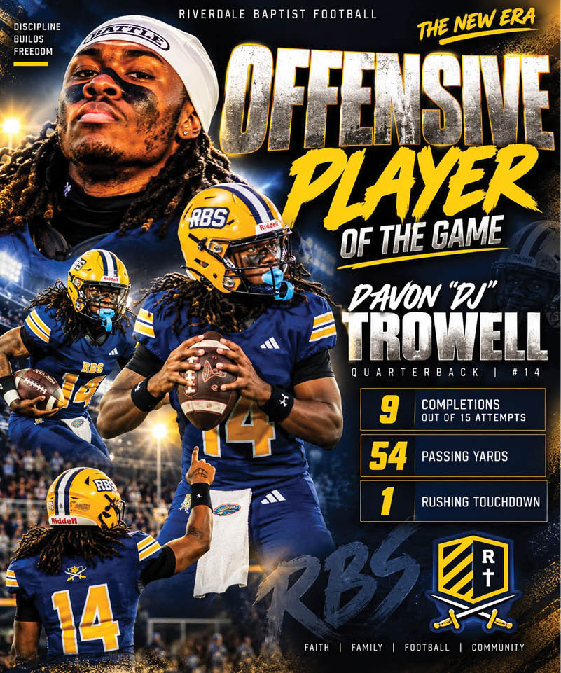 A sports graphic celebrates a football player in a blue and yellow uniform as the offensive player of the game with statistics and team logos displayed. Description generated by AI