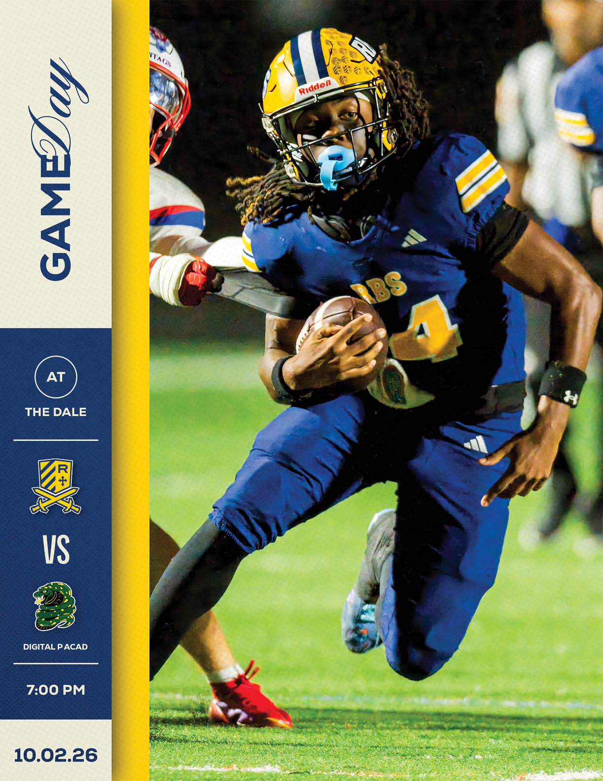 A person wearing a blue and yellow football uniform is running with a football on a grassy field during a nighttime game. Description generated by AI