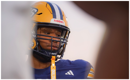 A person wearing a yellow and blue football helmet and uniform is looking to the side with a focused expression. Description generated by AI