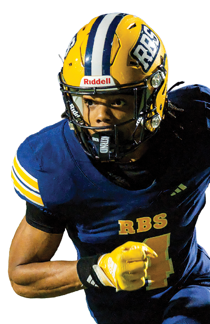 A person wearing a blue and yellow football uniform and helmet is running forward with a focused expression. Description generated by AI
