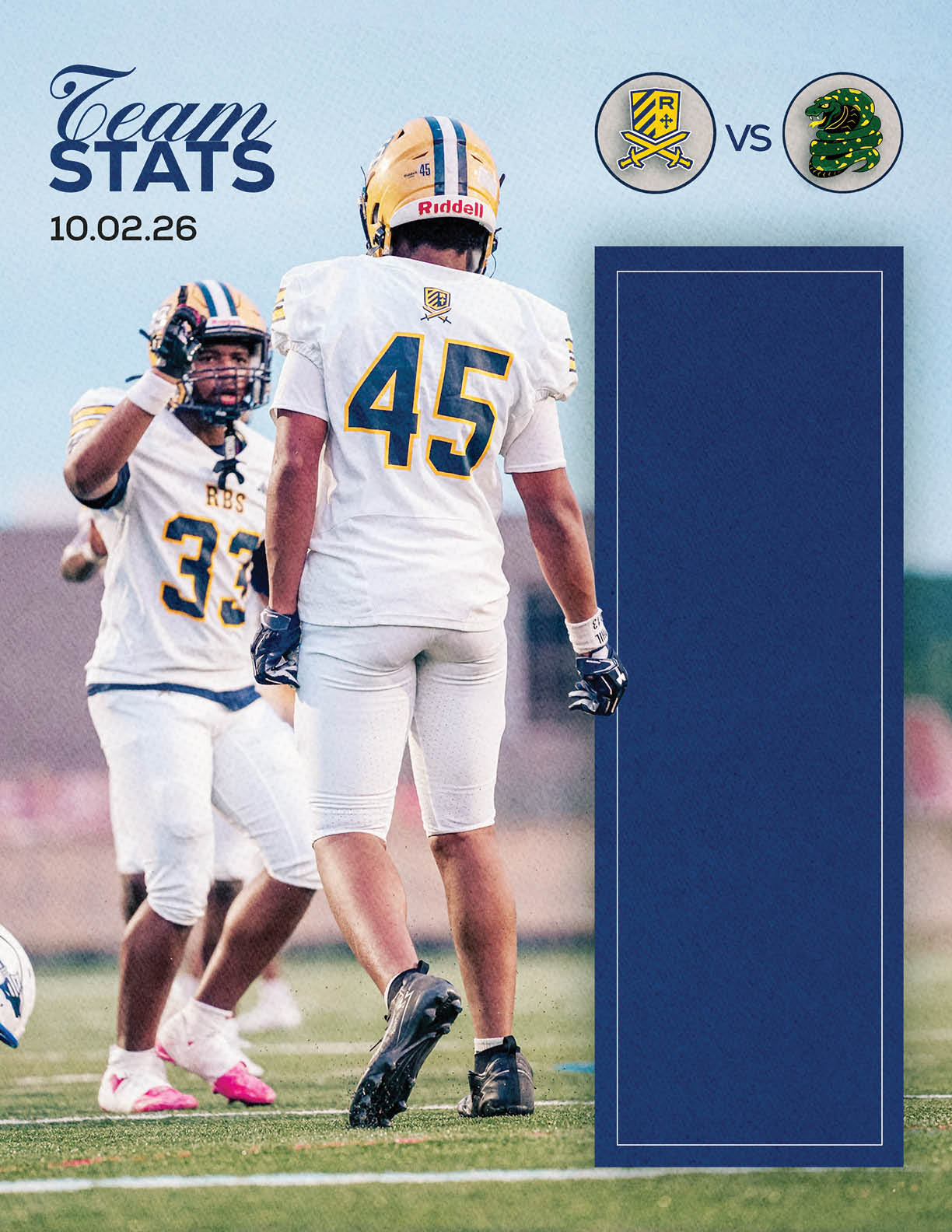 Two people in white football uniforms with helmets are on a field with one raising a hand, accompanied by a graphic showing team stats and logos for a game dated 10.02.26. Description generated by AI