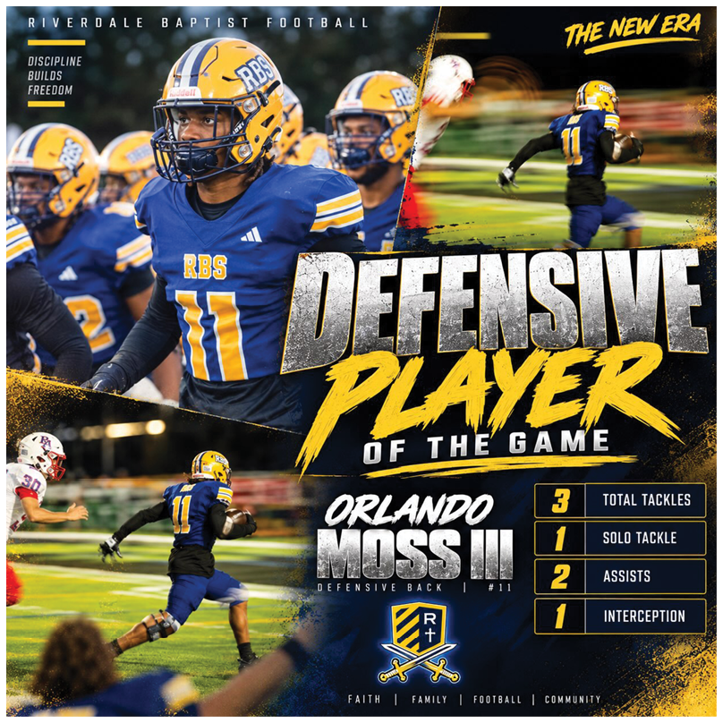 A football player wearing a blue and yellow uniform with the number 11 is featured in action shots on a field with text highlighting defensive player of the game and key statistics. Description generated by AI