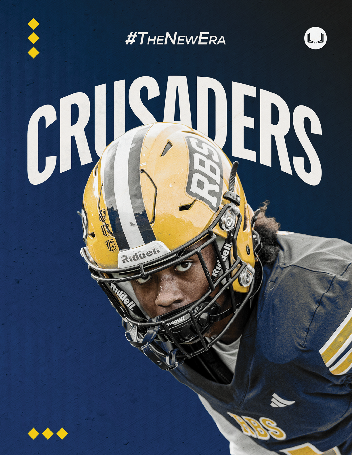A person wearing a yellow and blue football helmet and uniform is crouched in a ready position with the word CRUSADERS and the hashtag #TheNewEra displayed above on a dark blue background. Description generated by AI