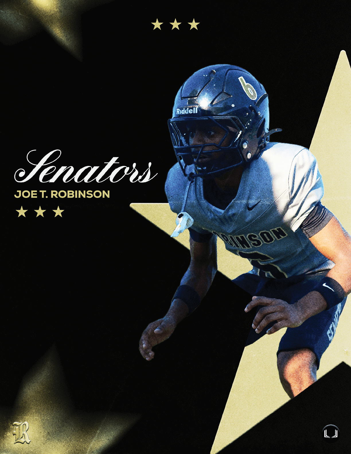 A football player wearing a blue and white uniform. Description generated by AI