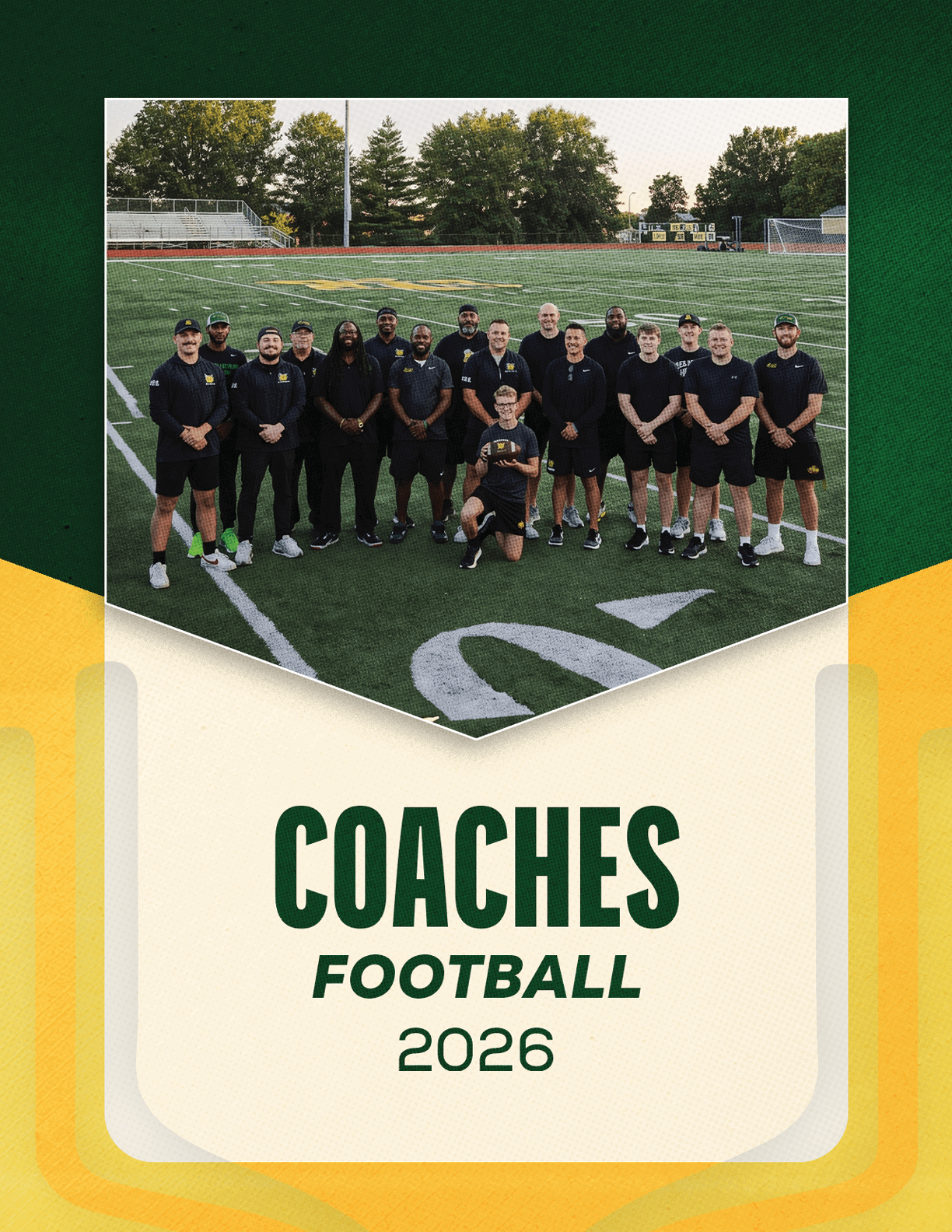 A group of people wearing matching dark athletic clothing stands together on a football field with trees and a track in the background, above text that reads coaches football 2026. Description generated by AI