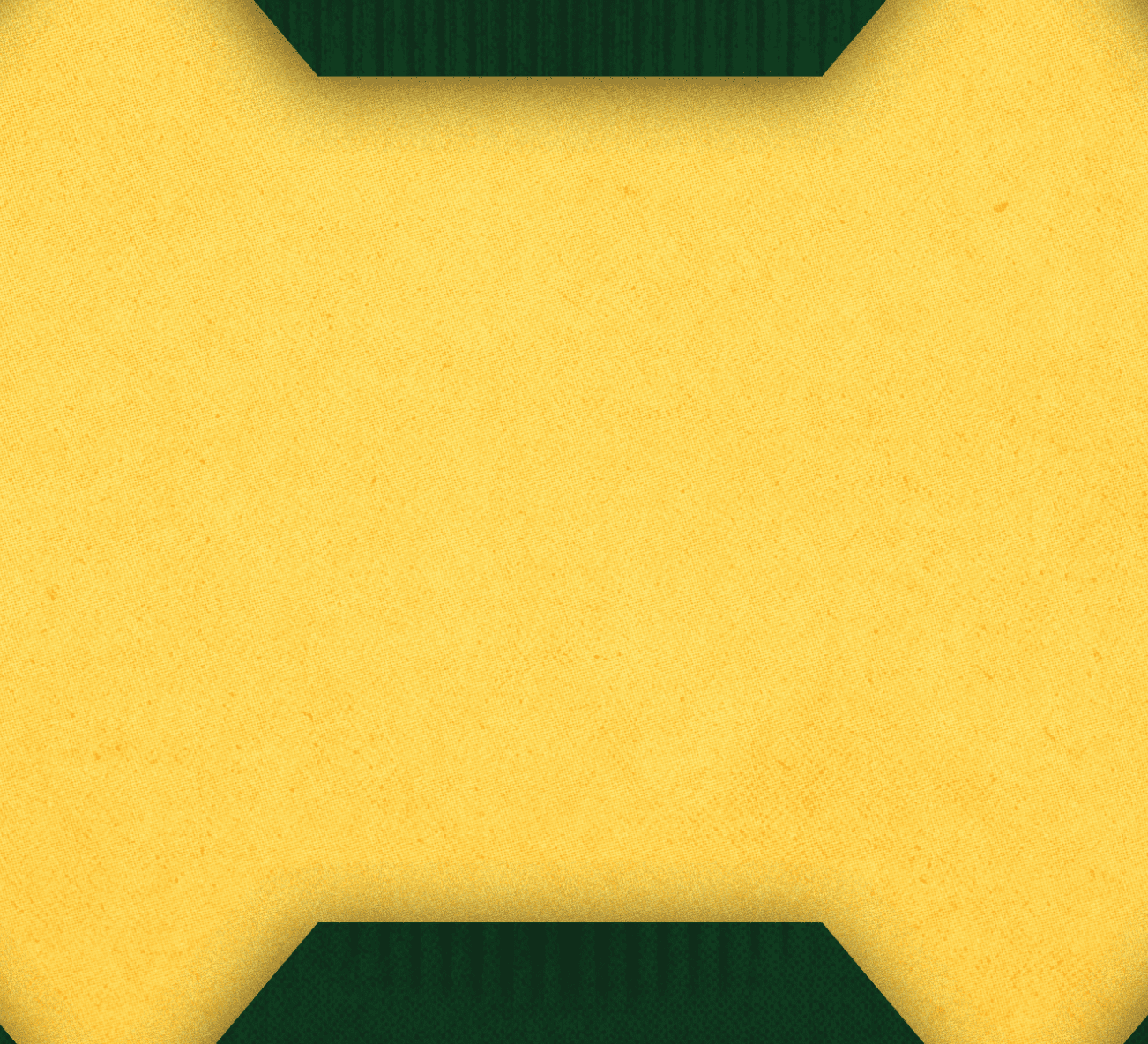 A yellow textured square background with dark green trapezoid shapes centered on the top and bottom edges. Description generated by AI