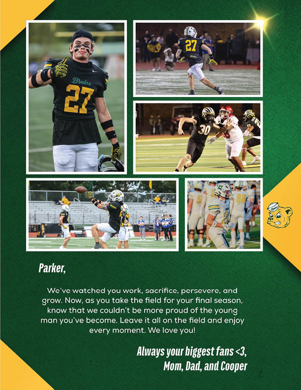 A collage of five photos shows a person wearing a black and yellow football uniform with the number 27 playing and celebrating on a football field, accompanied by the text We are proud of you, Parker! Love, Your Family. Description generated by AI