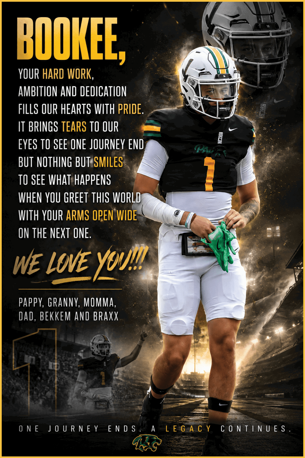 A person in a football uniform stands on a field holding green gloves with a motivational message about hard work, ambition, pride, and love addressed to “Bookee" alongside a faded background image of the same person and a stadium setting. Description generated by AI