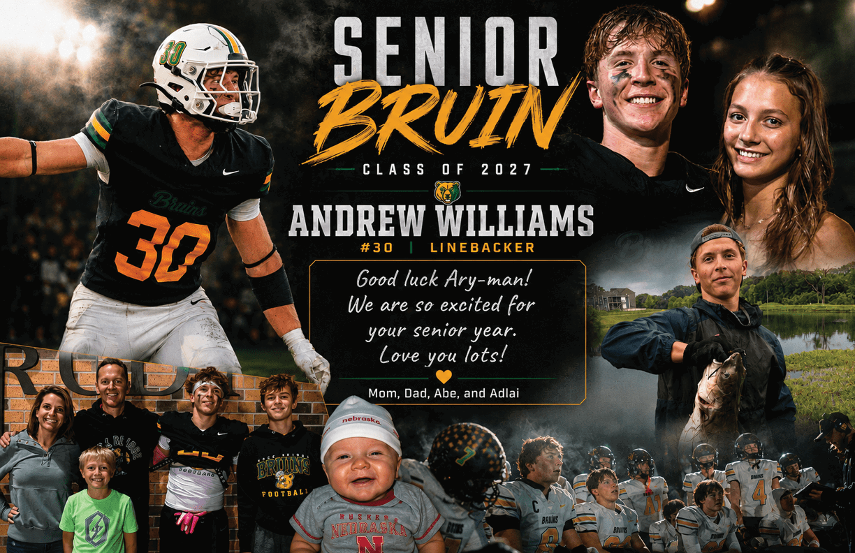 A collage celebrating a senior linebacker named Andrew Williams from the class of 2027 features action shots of a football player in uniform, smiling people, a baby, a person holding a large fish by a lake, and a group of football players on the field. Description generated by AI