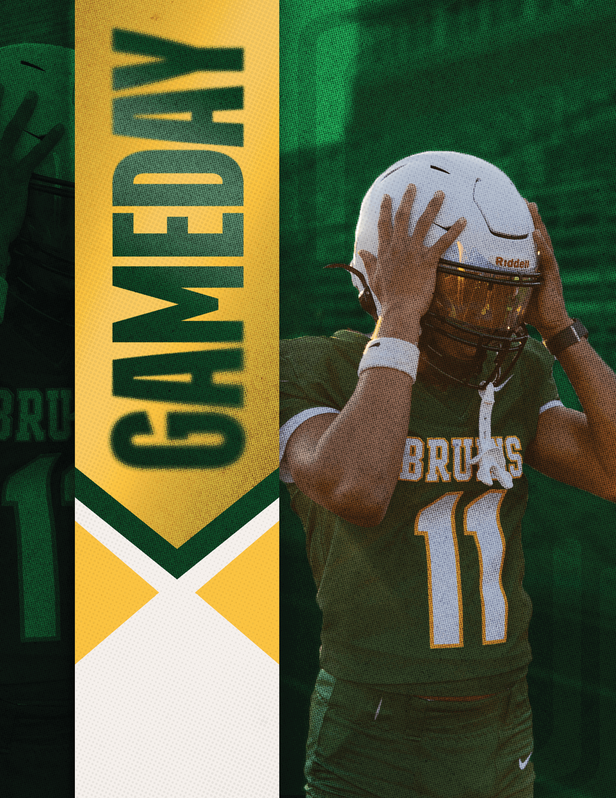 A person wearing a football uniform with the number 11 and a white helmet is adjusting the helmet next to a vertical banner that says GAMEDAY in bold letters. Description generated by AI
