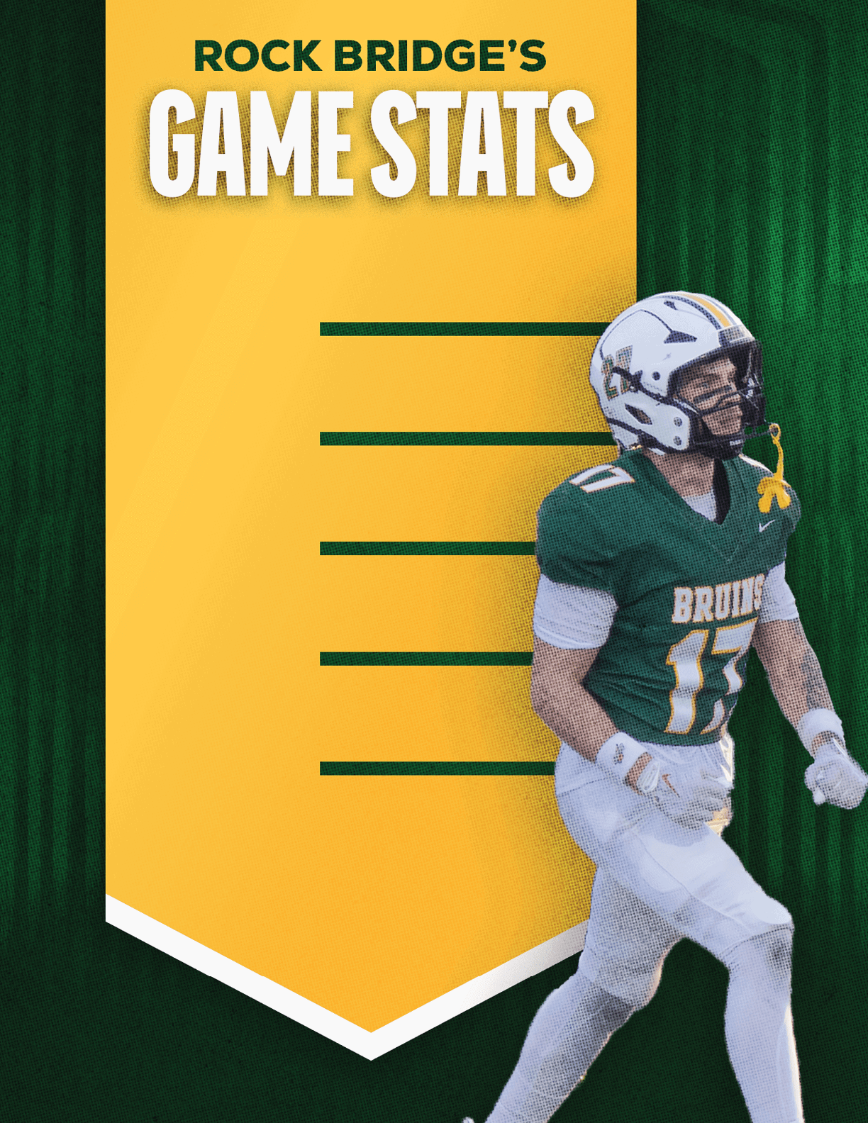 A person in a green and white football uniform with a helmet is walking next to a yellow banner titled Rock Bridge's Game Stats with empty lines for statistics. Description generated by AI