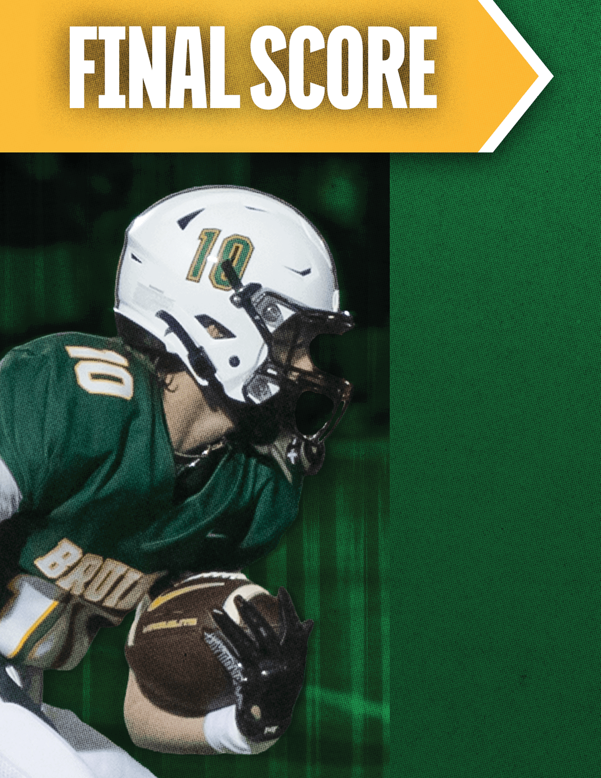 A person wearing a green football jersey and white helmet is holding a football and appears to be running or preparing to pass, with the text “FINAL SCORE" displayed above. Description generated by AI