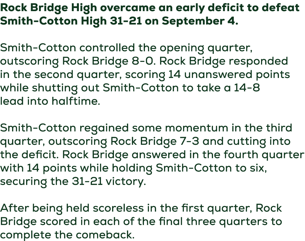 Rock Bridge High overcame an early deficit to defeat Smith Cotton High 31 21 on September 4. Smith Cotton controlled ...
