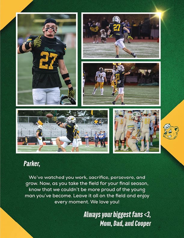 A collage of five photos shows a person wearing a black and yellow football uniform with the number 27 playing and celebrating on a football field, accompanied by a heartfelt message from family expressing pride and love for their final season. Description generated by AI