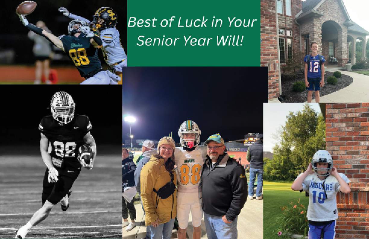 A collage showing a person in various football uniforms and poses, including action shots on the field, standing with two adults in a stadium, and posing in casual sportswear outside a house, with a message wishing good luck in senior year. Description generated by AI